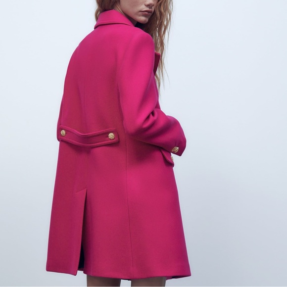 ZARA LIMITED EDITION FUCHSIA WOOL COAT GOLD BUTTONS - Picture 5 of 8